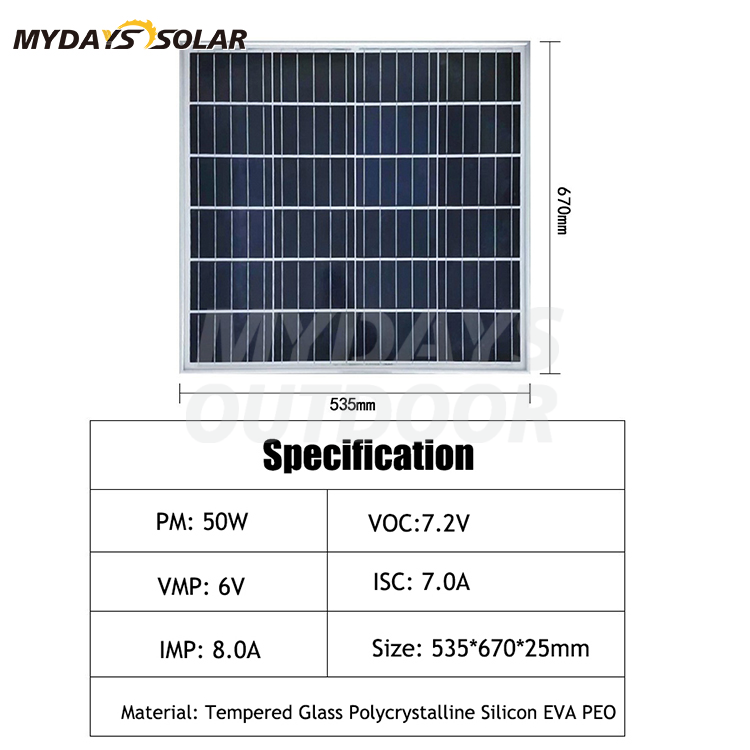Polycrystalline Monocrystalline Silicon Customized Aluminum Frame Small PV Power 50W Solar Panel MDSP-6