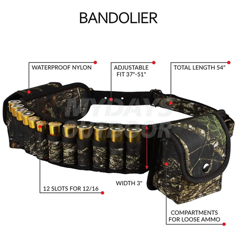 Shotshell Bandolier Shotgun Shell Holder with Adjustable Nylon Belt 12 16 Gauge MDSHA-16